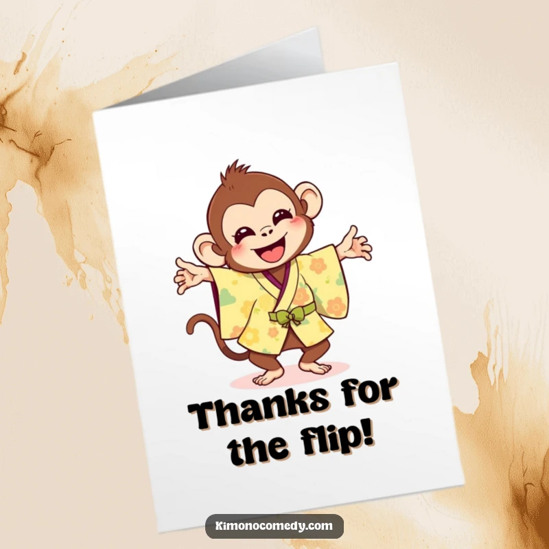 Funny Free Printable Thank You Card: A joyful monkey in a bright kimono performs a silly flip, expressing thanks.