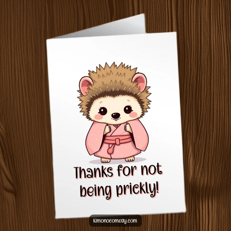 Funny free printable thank you card showcasing a bashful hedgehog in a kimono, hiding behind its spiky quills.