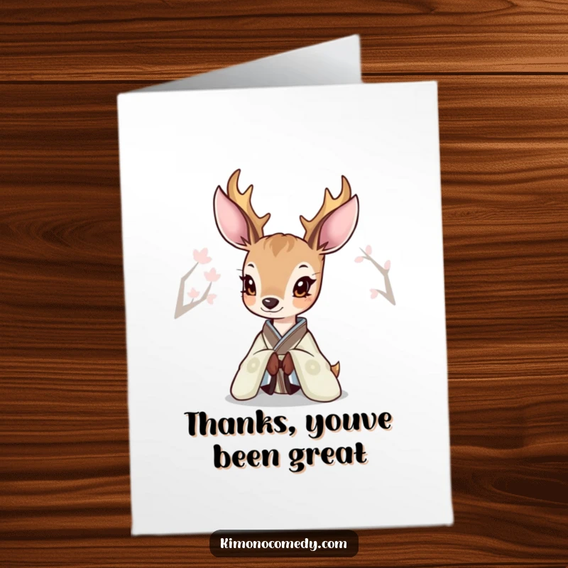 Funny Free Printable Thank You Card: A curious deer in an elegant kimono peeks out, offering a sense of quiet appreciation.