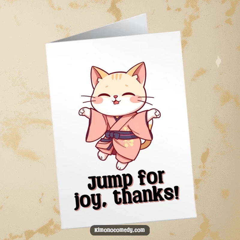 Funny Free Printable Thank You Card: Kawaii cat in elegant kimono, doing a graceful leap, conveying refined thanks.