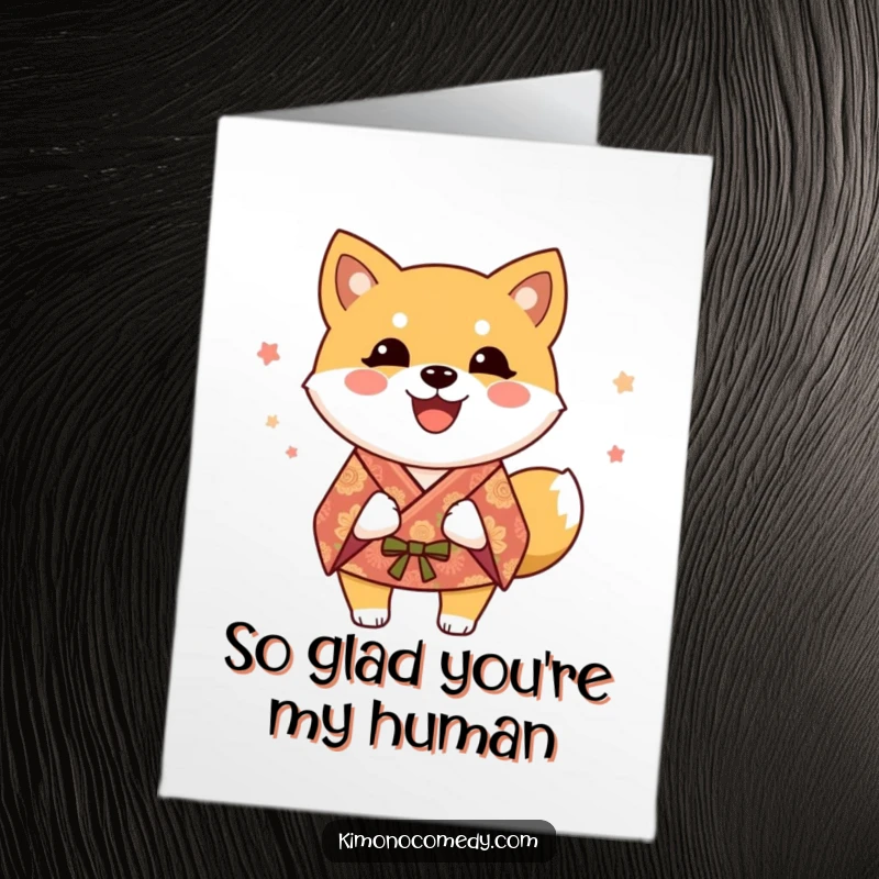 Funny Free Printable Thank You Card: A happy Shiba Inu dog in a festive kimono offering a grateful wag.