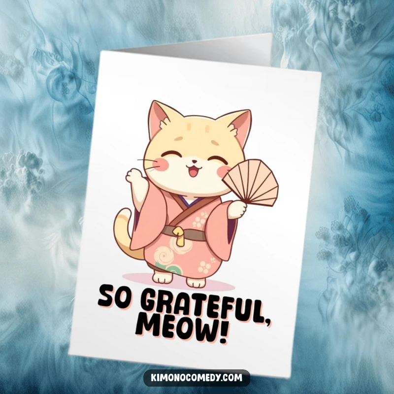 Funny Free Printable Thank You Card: Kawaii cat in a festive kimono, joyfully waving a fan, conveying thanks.
