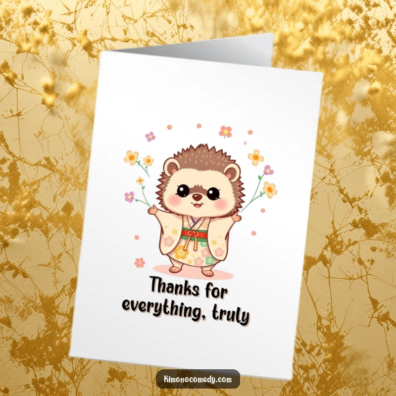 Funny Free Printable Thank You Card: A whimsical hedgehog in a festive kimono juggles tiny flowers, sending heartfelt thanks with flair.