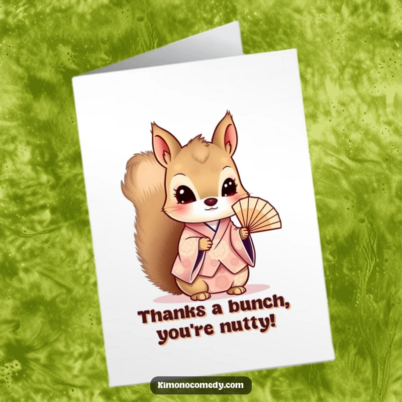Funny Free Printable Thank You Card: Curious kawaii squirrel in a patterned kimono holding a delicate fan to say thanks.