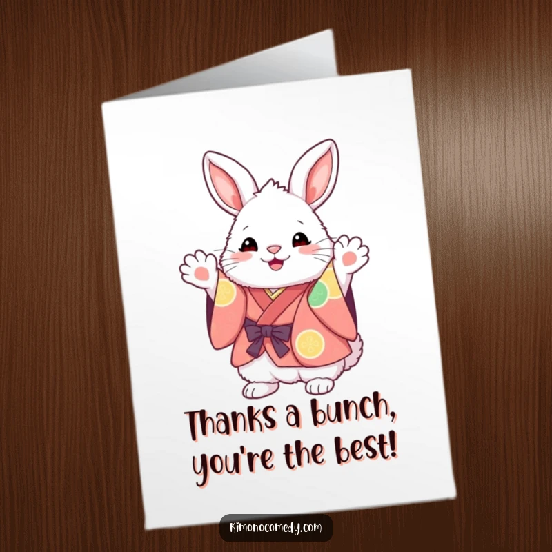 Funny Free Printable Thank You Card: Fluffy kawaii bunny in a kimono waving paws to express thanks.