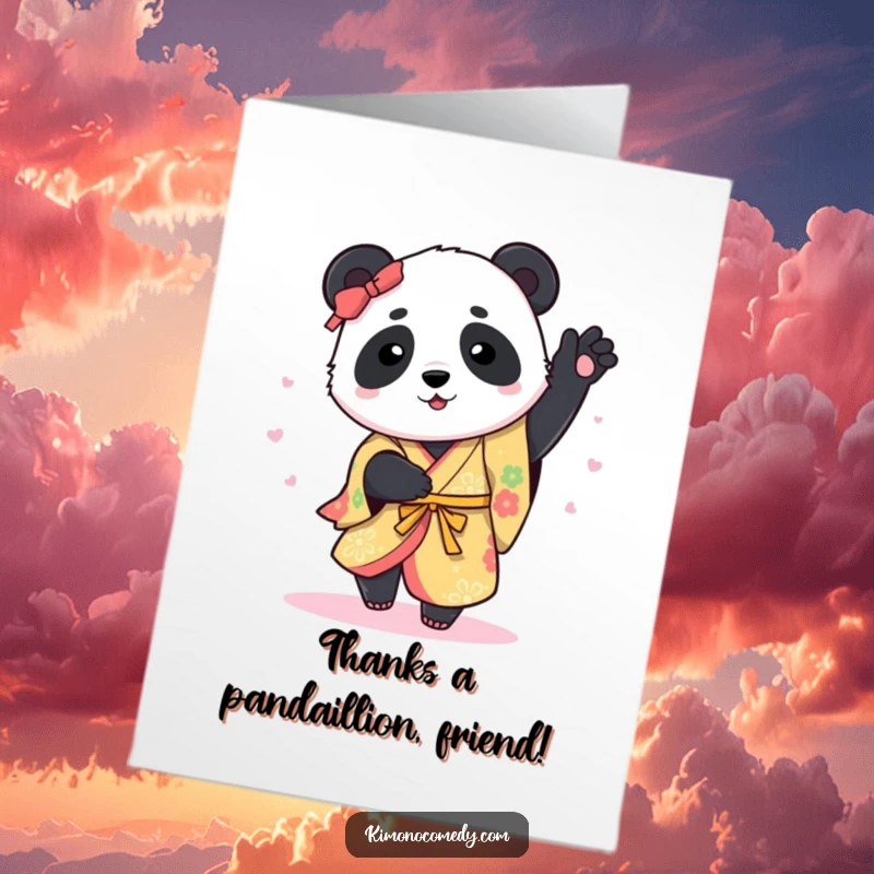 Funny Free Printable Thank You card: a joyful panda in a detailed kimono mid-spin.