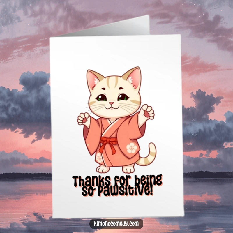 Funny Free Printable Thank You card: a sleek cat wearing a formal kimono strikes a poised stance.