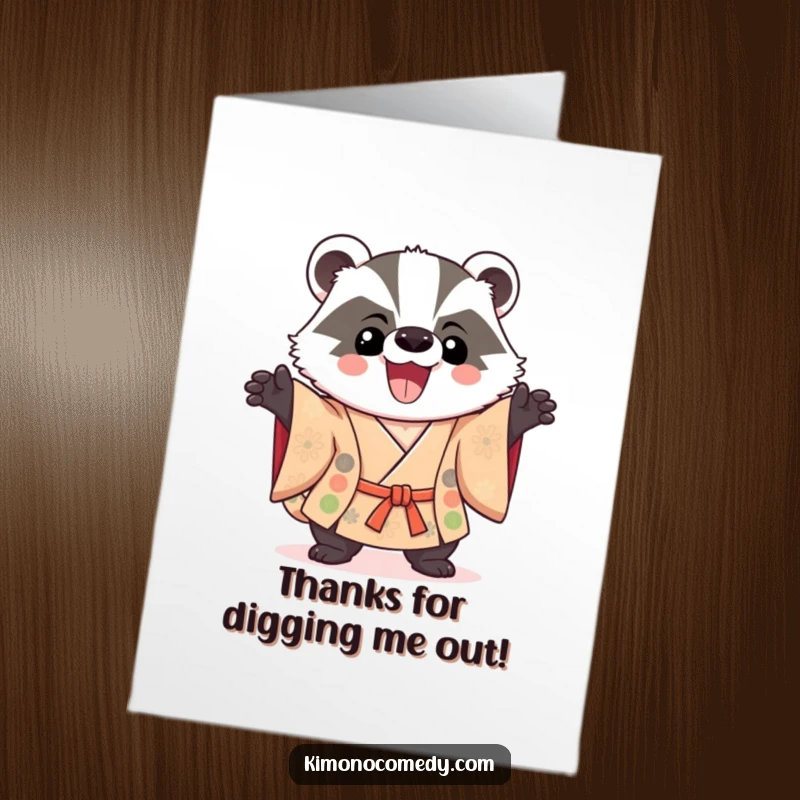 Funny Free Printable Thank You Card: Delighted kawaii badger in a kimono striking a thankful pose.
