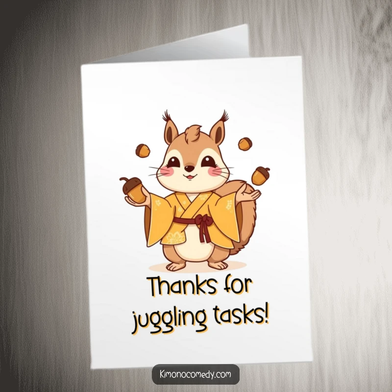 Funny Free Printable Thank You Card: A playful squirrel in a bright kimono juggles tiny acorns, sending thanks.