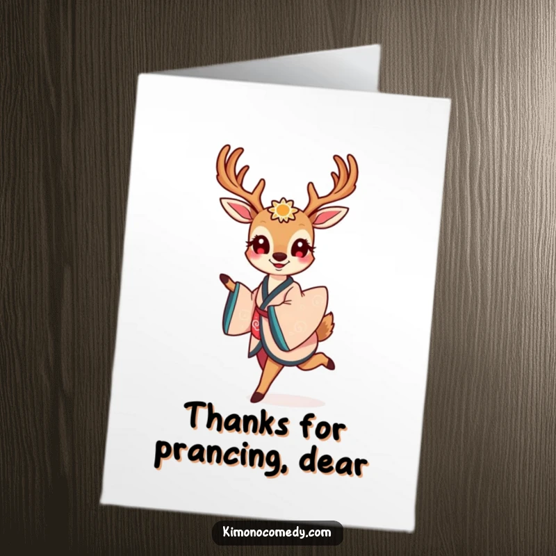 Chic Free Printable Thank You Card featuring a smiling kawaii deer in a kimono, prancing gracefully with thanks.