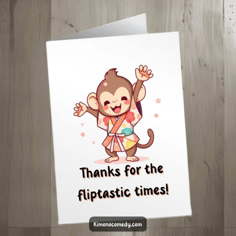 Funny Free Printable Thank You Card: Kawaii monkey in kimono executing a perfect flip, offering thanks with a quirky smile.
