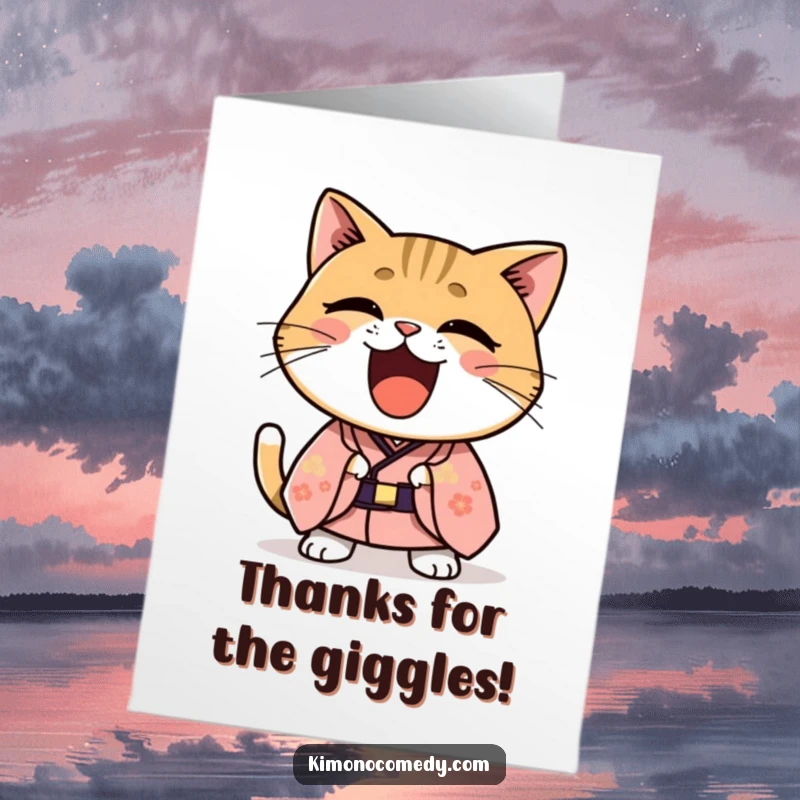 Funny Free Printable Thank You Card: Kawaii cat in a sophisticated kimono doubles over with laughter, expressing heartfelt thanks.