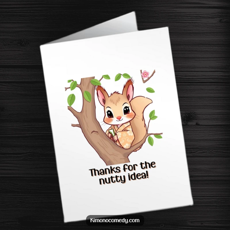 Funny Free Printable Thank You Card: A curious squirrel in a patterned kimono peeks from a branch, saying thanks.