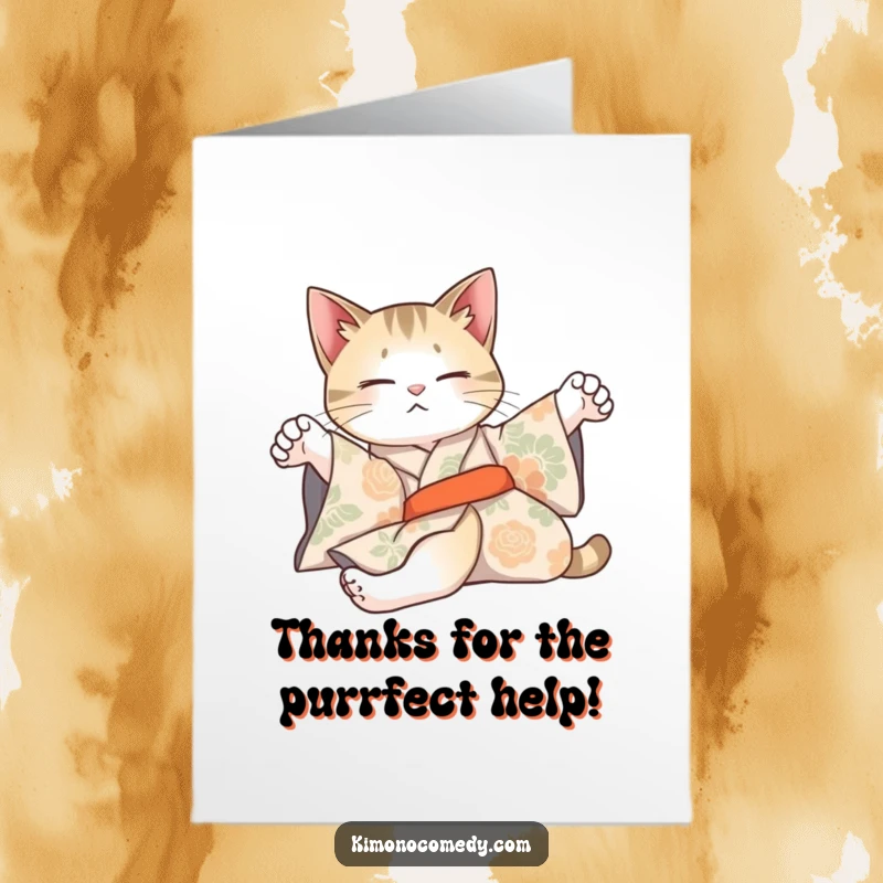 Funny Free Printable Thank You Card: An artistically posed cat in a patterned kimono stretches lazily, conveying thanks.