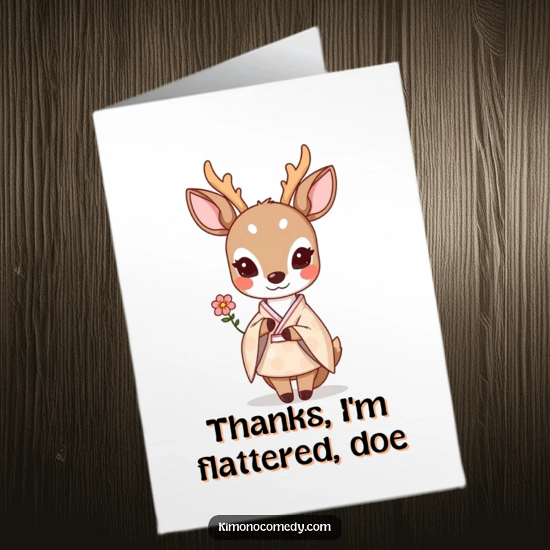 Free Printable Thank You Card: A shy kawaii deer in a pastel kimono presents a small flower.