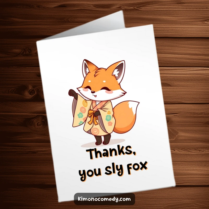 Funny Free Printable Thank You Card: Mischievous fox in a colorful kimono gracefully performing a playful pirouette, conveying thanks.