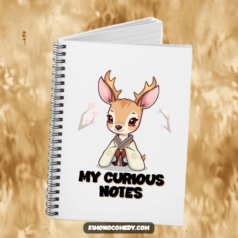 Funny Deer Kimono Notebook featuring a deer peeking curiously from an elegant kimono, perfect for jotting down notes.