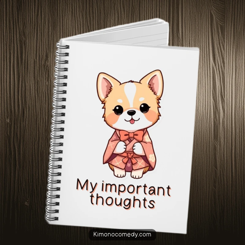 Funny dog in a detailed kimono, bowing, decorating a notebook, perfect for jotting down polite thoughts or funny ideas.