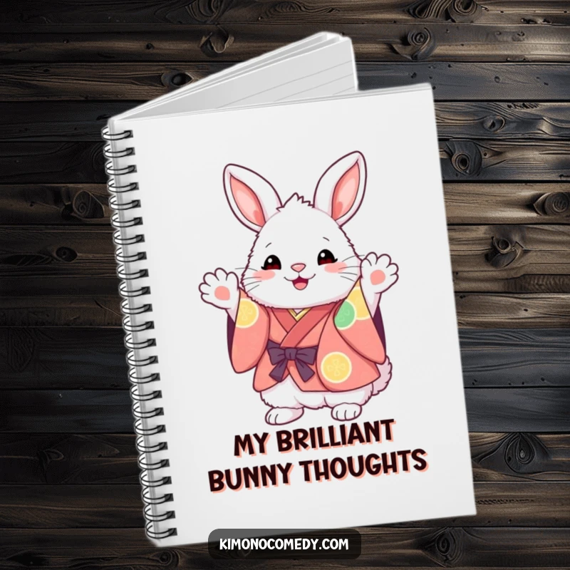 Funny Kawaii Bunny Notebook: Fluffy character in a vibrant kimono, excitedly waving paws, perfect for writing, drawing, and creative thoughts.