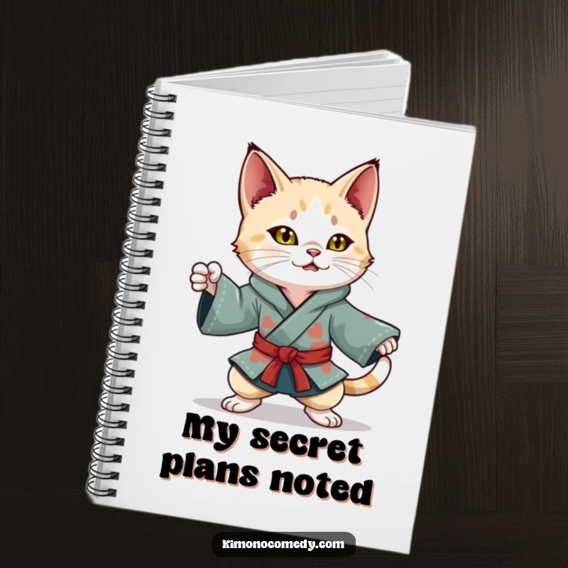 Funny Kawaii Cat Notebook: Playful character in a colorful kimono, striking a dynamic ninja pose, ideal for planning and creative notes.