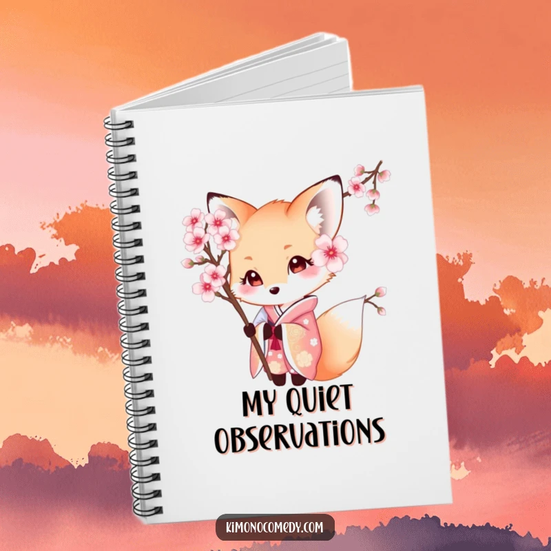 Funny Kawaii Fox Notebook: Shy character in a beautiful kimono, peeking from behind a cherry blossom, ideal for journaling and creative writing.