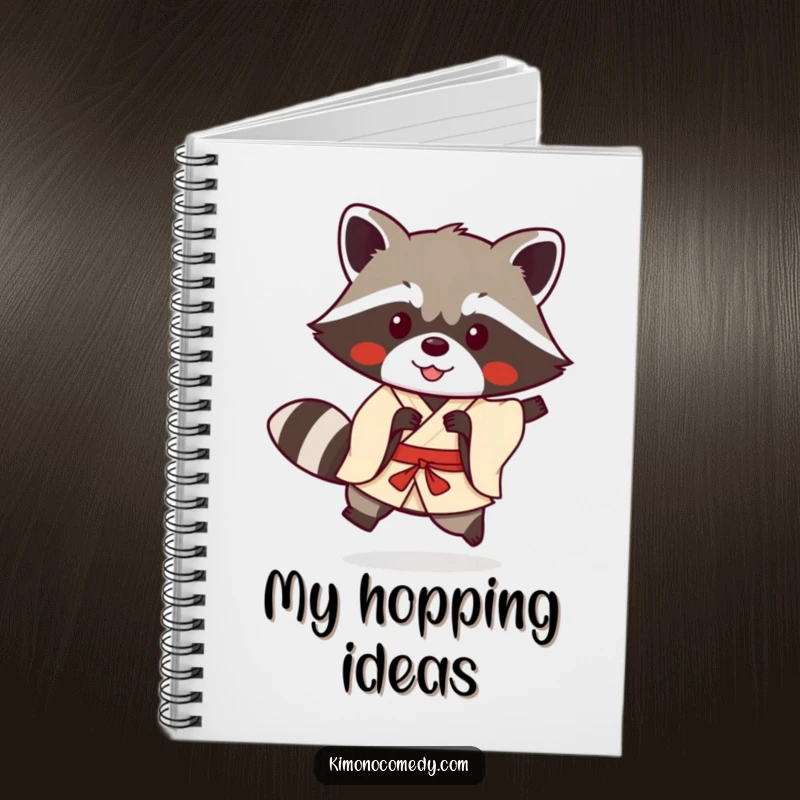 Funny kawaii raccoon in a simple kimono doing a playful hop on a notebook, ideal for humorous journaling and anime fans.