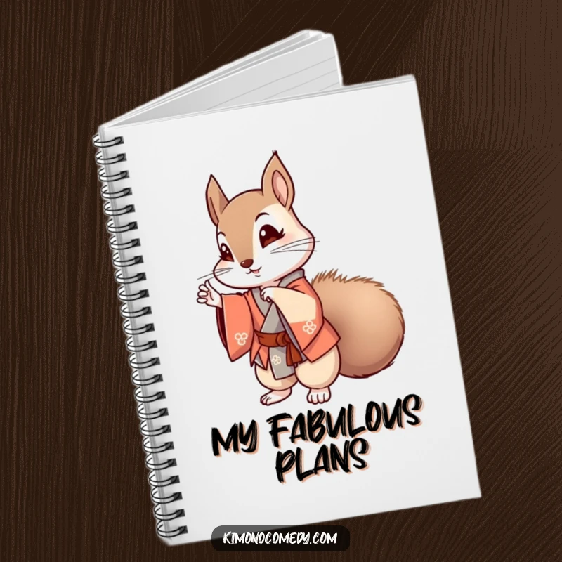 Funny kawaii squirrel in a stylish kimono striking a pose on a notebook, perfect for humorous journaling and anime fans.
