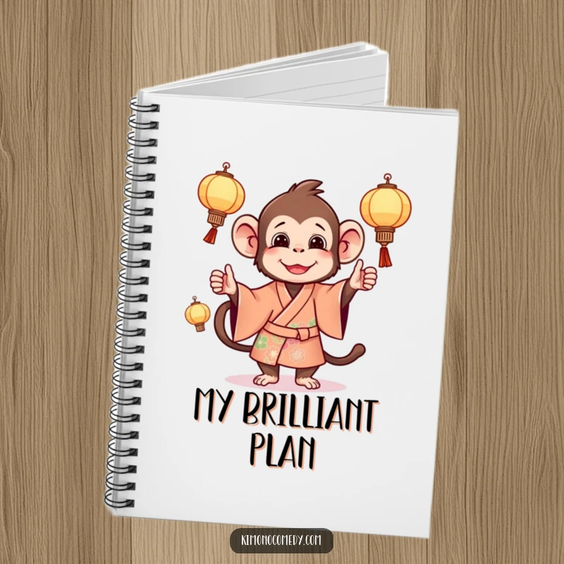 Funny monkey notebook featuring a mischievous primate in a bright kimono, juggling miniature lanterns, perfect for notes.