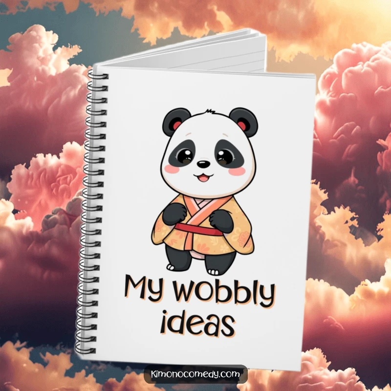 Funny panda in a patterned kimono, captured mid-silly wiggle. A fun notebook for ideas.