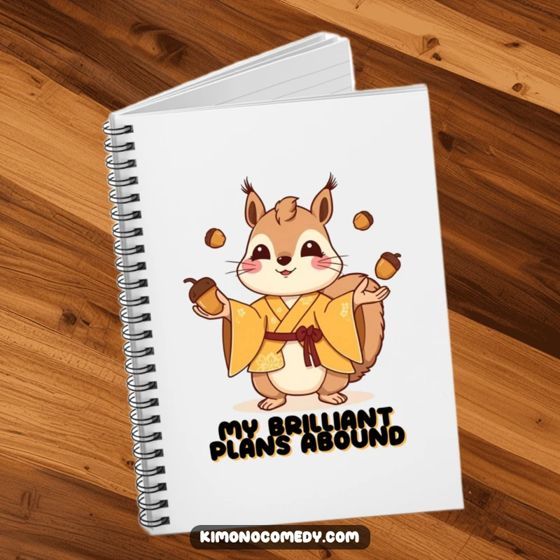 Funny squirrel in a bright kimono juggling acorns, cute journal, playful ideas notebook, perfect humorous gift for students.
