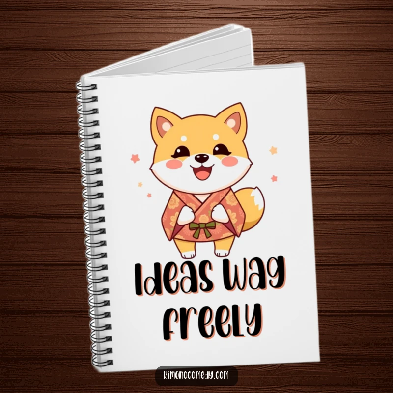 Funny Shiba Inu Notebook: A happy dog in a festive kimono encourages note-taking with its cheerful, wagging presence.