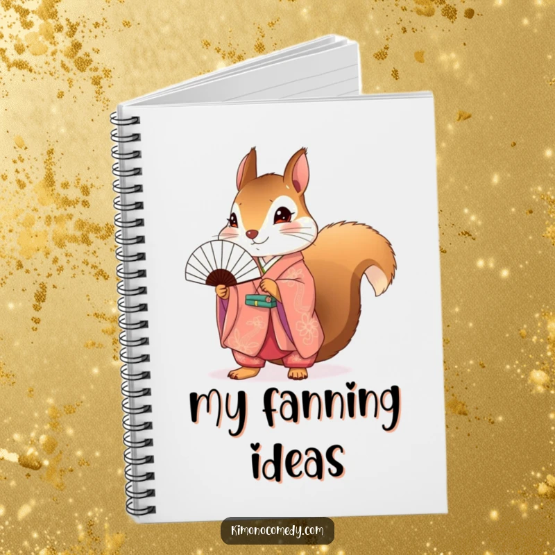 Funny Squirrel Kimono Notebook featuring a cute squirrel in a kimono holding a fan, perfect for jotting down notes.