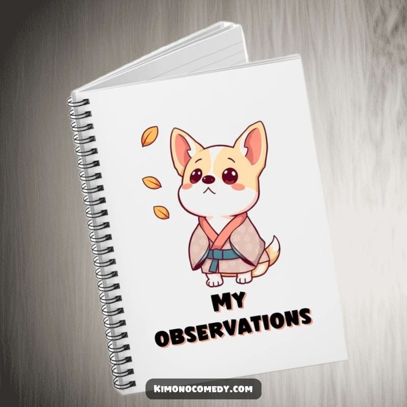 Funny dog notebook featuring a surprised dog in a patterned kimono, ears perked, perfect for notes and doodles.