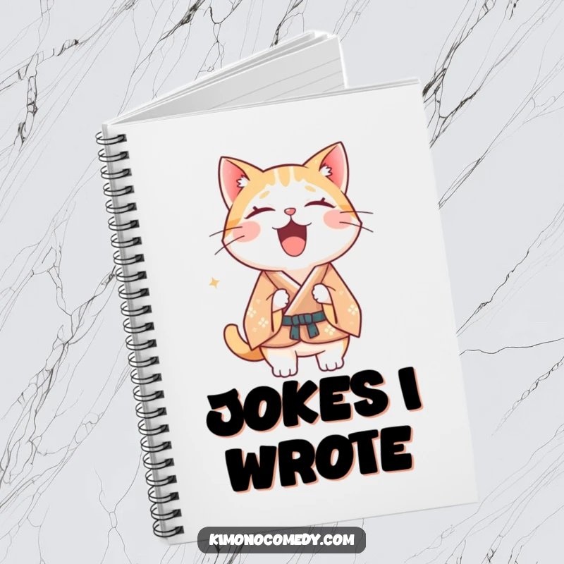 Funny Kawaii cat notebook, cover shows a cat in a formal kimono laughing heartily, humorous stationery for notes.
