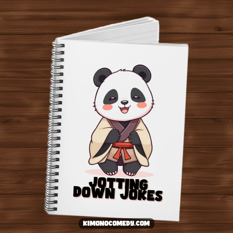 Funny notebook with a dignified panda in a traditional kimono, sharing a hearty laugh, perfect for capturing brilliant ideas and daily entries.