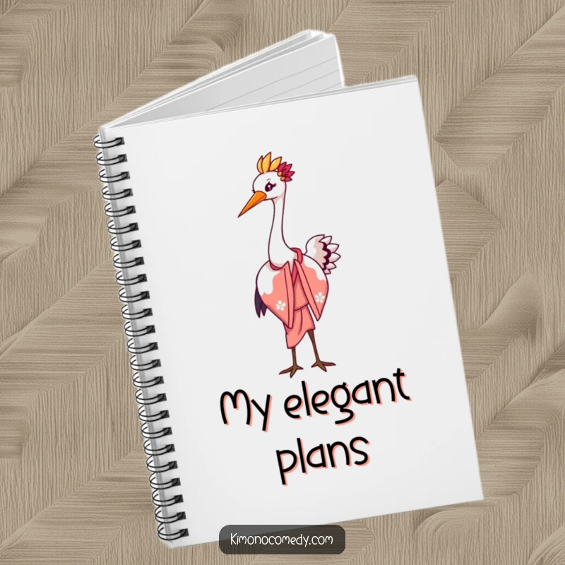 Funny notebook featuring a graceful kawaii crane in an elegant kimono performing a funny bow with a flourish, ideal for jotting down notes.