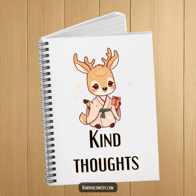 Funny deer notebook featuring a gentle creature in a serene kimono, offering a small gift, perfect for notes.