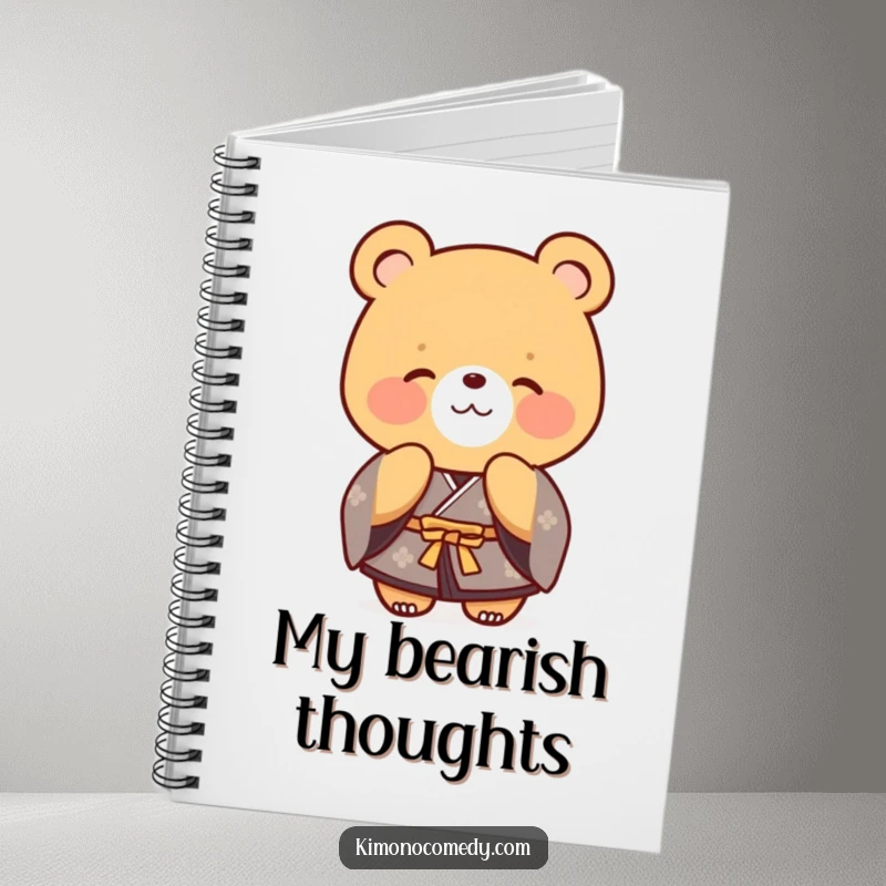 Funny bear in a formal kimono, bowing politely with a kind smile. A thoughtful notebook for ideas.