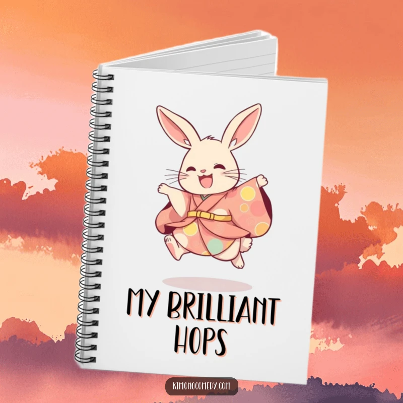 Funny rabbit in a colorful kimono, mid-playful leap, ready for notes. A whimsical and inspiring notebook design.