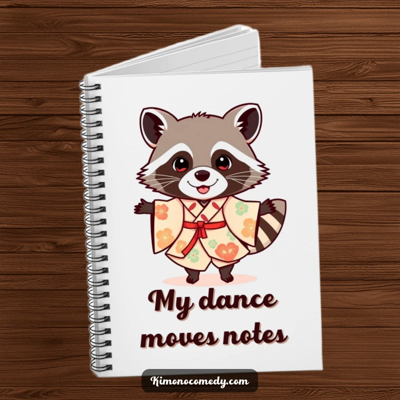 Funny raccoon in a festive kimono, dancing, decorating a notebook, perfect for jotting down party ideas or funny thoughts.