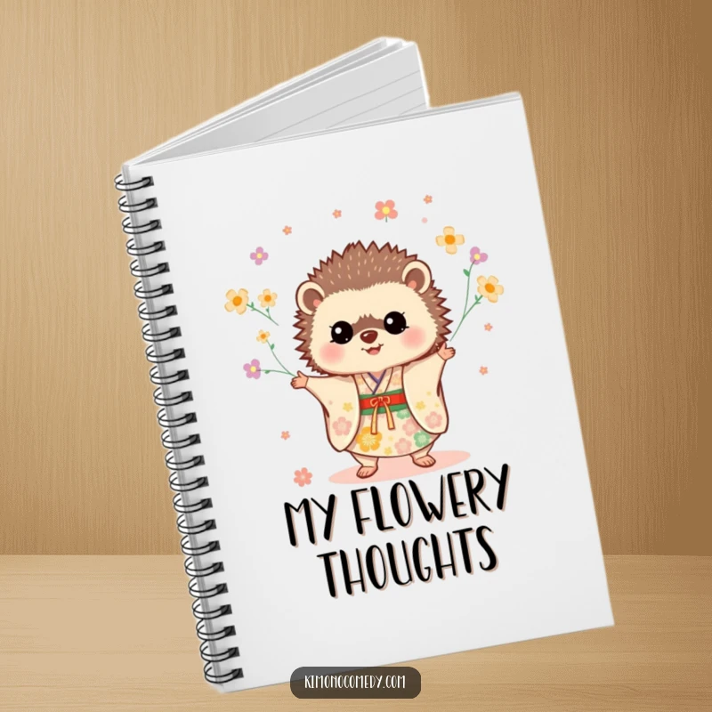 Funny Hedgehog Kimono Notebook featuring a cute hedgehog juggling flowers in a festive kimono, perfect for writing.