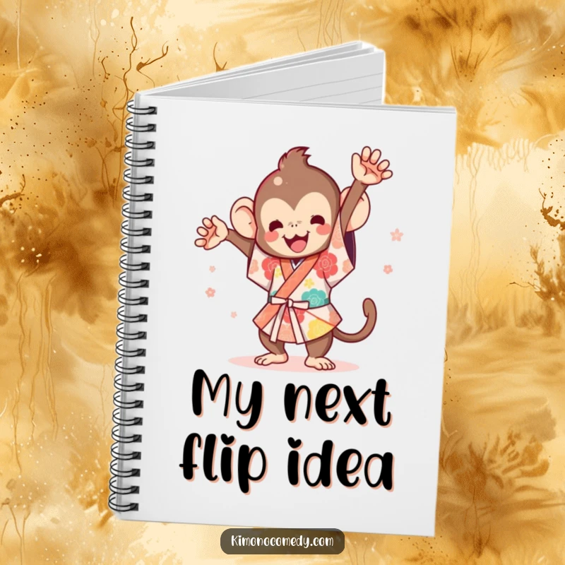 Funny Kawaii Monkey Notebook: A cute monkey in a kimono performing a flip, ready for notes.