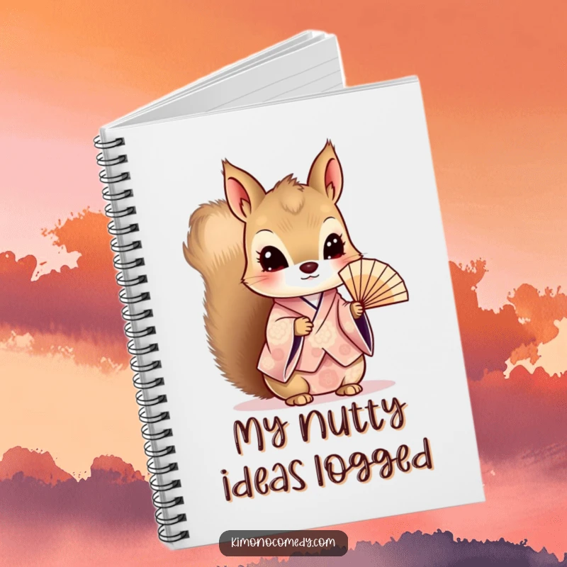 Funny Kawaii Squirrel Notebook: Curious character in a patterned kimono, holding a delicate fan, ideal for journaling and creative writing.