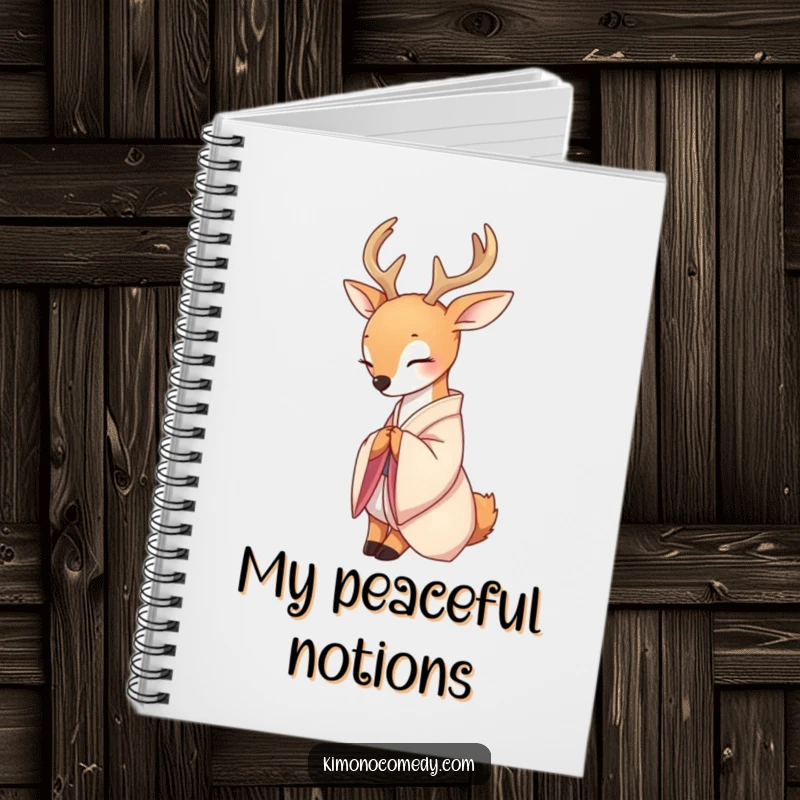 Funny notebook with a serene deer in a delicate silk kimono, gracefully bowing, perfect for journaling and capturing peaceful thoughts.