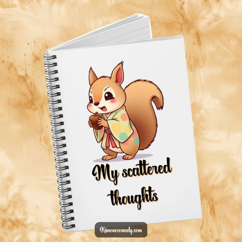 Funny notebook featuring a startled kawaii squirrel in a colorful kimono, dropping an acorn, ideal for jotting down humorous notes.