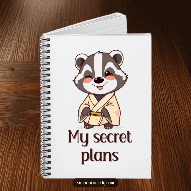 Funny badger in a kimono, smiling and winking, decorating a notebook, perfect for jotting down witty thoughts or funny ideas.