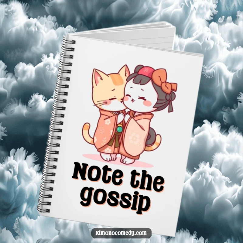 Funny Kawaii cat in a kimono writing secrets, lined journal with a humorous and cute design for note-taking.