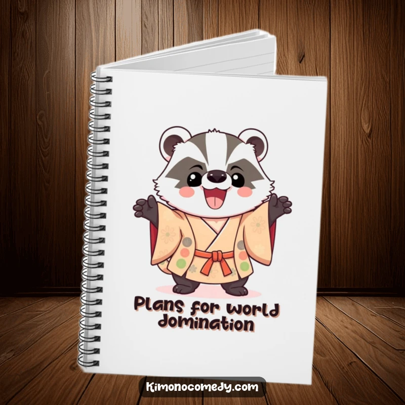 Funny Kawaii Badger Notebook: A triumphant badger in a kimono is ready to record your victories, its expression full of confident humor.