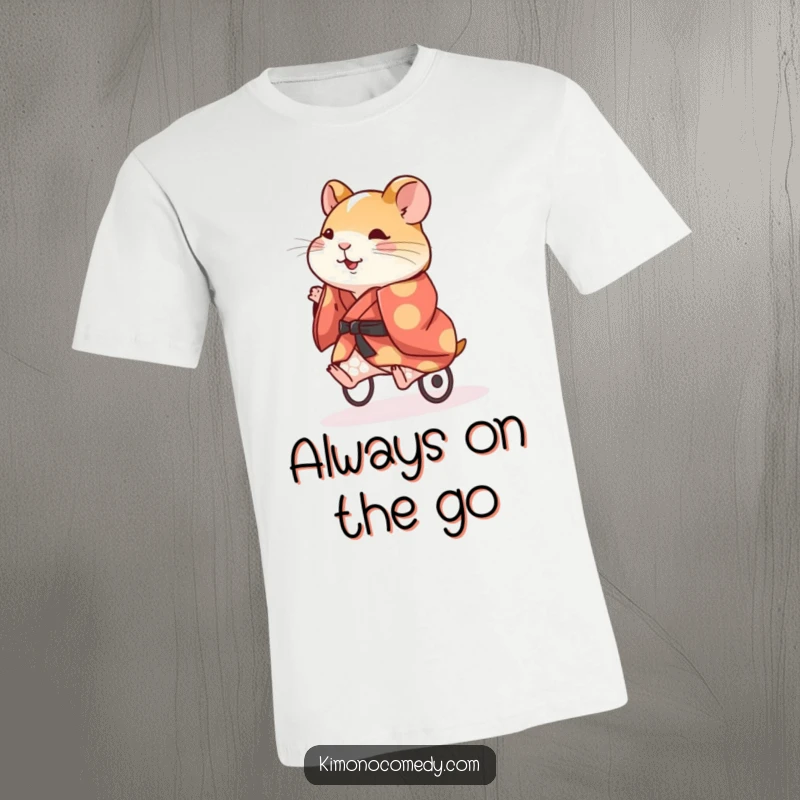 Funny Hamster Kimono T-Shirt: An energetic hamster in a vibrant kimono, running on its wheel, a humorous depiction of high energy.