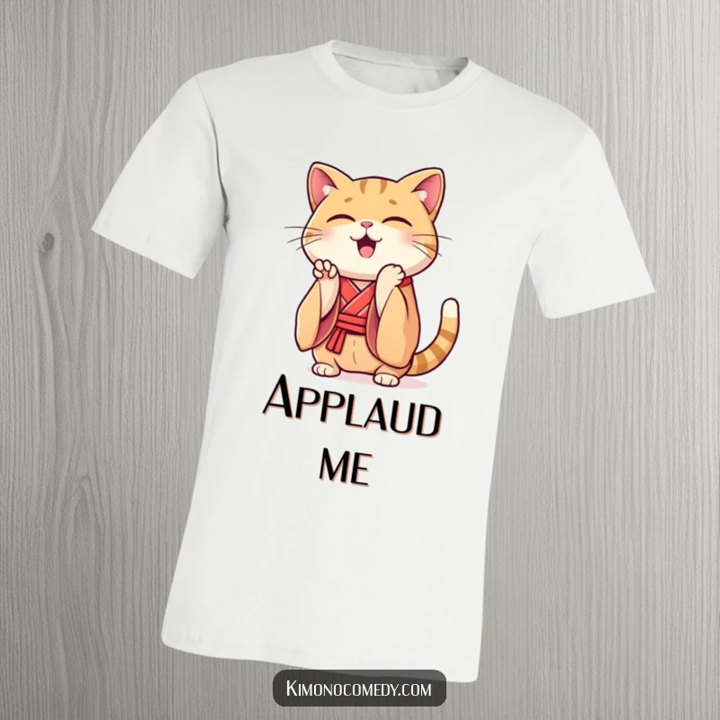 Funny Kawaii cat t-shirt, dressed in a silk kimono, clapping its paws enthusiastically, humorous and celebratory feline expression.